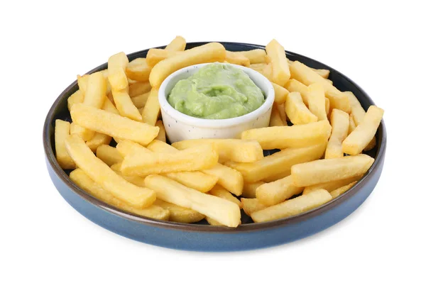 Plate Delicious French Fries Avocado Dip Isolated White — Stockfoto