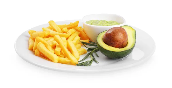 Bord Met Heerlijke Frietjes Avocado Dip Geïsoleerd Wit — Stockfoto