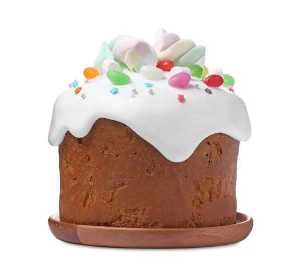 Traditional Easter Cake Decorated Sprinkles Jelly Beans Marshmallows Isolated White — Photo