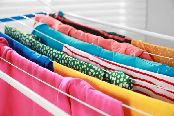 Clean Laundry Hanging Drying Rack Closeup — Stock Photo, Image