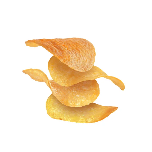 Stapel Von Leckeren Kartoffelchips Fallen Auf Weißem Hintergrund — Stockfoto