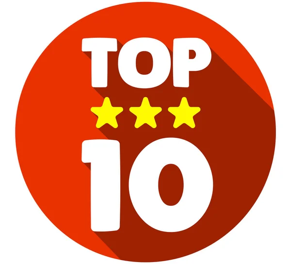 Top ten list. Red circle with, three stars, word and number 10 on white background