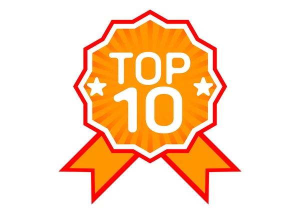 Top ten list. Award rosette with word and number 10 on white background