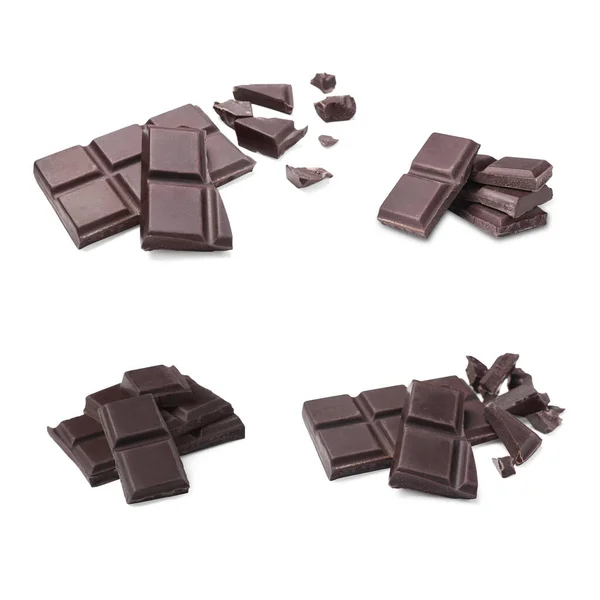 Koláž Kousky Chutné Čokolády Tyčinky Bílém Pozadí — Stock fotografie