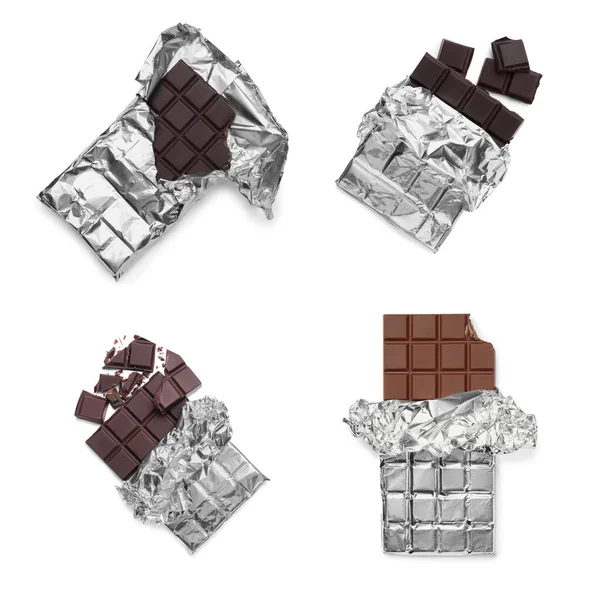 Colagem Com Saborosas Barras Chocolate Diferentes Fundo Branco Vista Superior — Fotografia de Stock