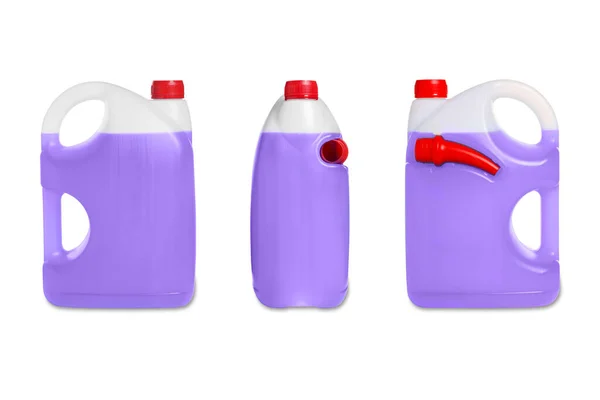 Plastic Canister Violet Liquid White Background Different Sides — Stock Photo, Image