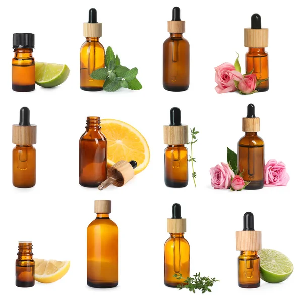 Many Different Essential Oils Ingredients White Background Collage — Stock Photo, Image