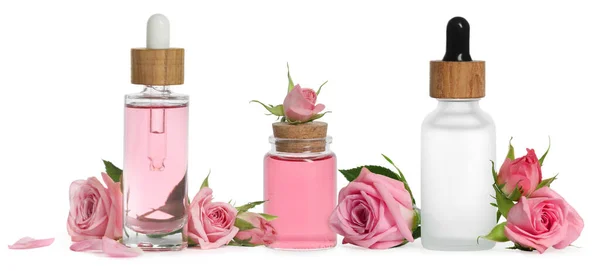Rose Essential Oil Different Bottles Flowers White Background Collage — Stock Photo, Image