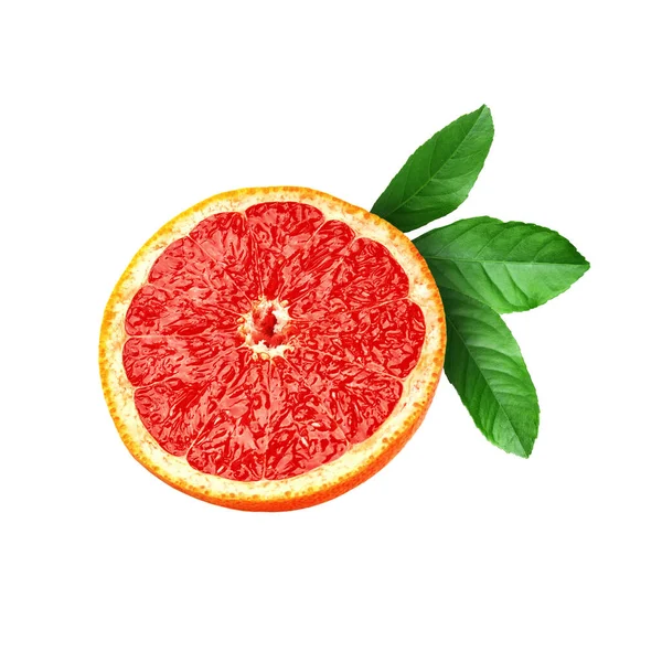 Cut Fresh Grapefruit Green Leaves White Background — Stock Photo, Image