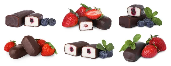 Collage Aus Glasierten Quarkriegeln Mit Erdbeer Und Blaubeerfüllungen Auf Weißem — Stockfoto