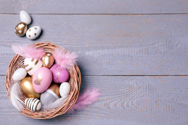 Flat Lay Composition Festively Decorated Easter Eggs Grey Wooden Background — Stock Photo, Image