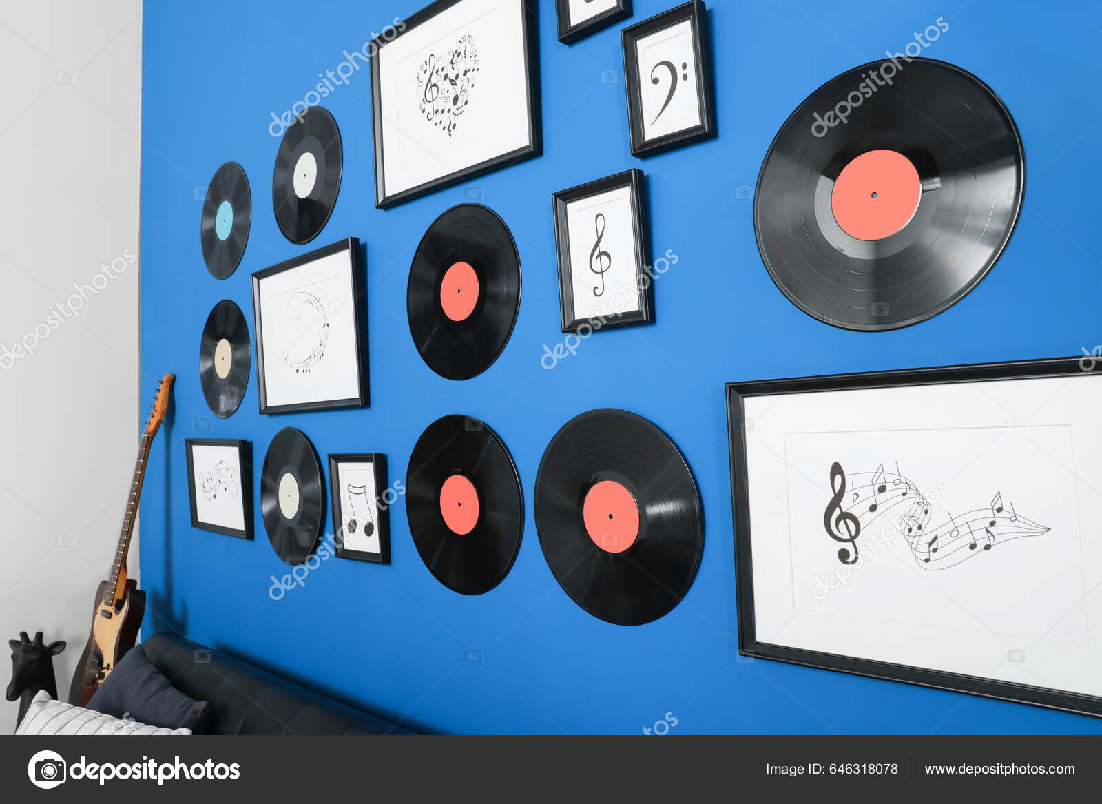 Vinyl Records Different Pictures Blue Wall Living Room Stock Photo