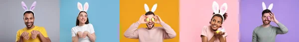 Celebración Pascua Collage Con Fotos Personas Diademas Orejas Conejo Diferentes —  Fotos de Stock