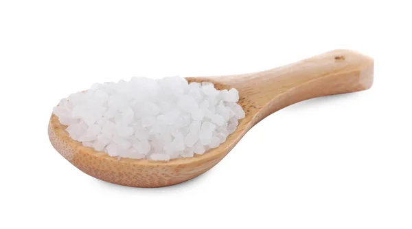 Wooden Spoon Natural Sea Salt Isolated White — Φωτογραφία Αρχείου