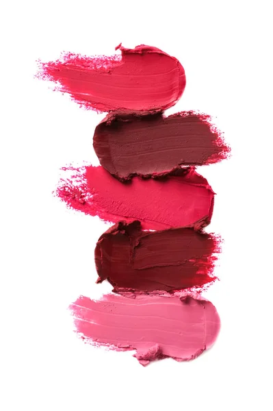 Smears Bright Lipsticks White Background Top View — Fotografia de Stock