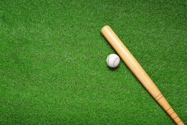 Wooden Baseball Bat Ball Green Grass Flat Lay Space Text — Stok fotoğraf