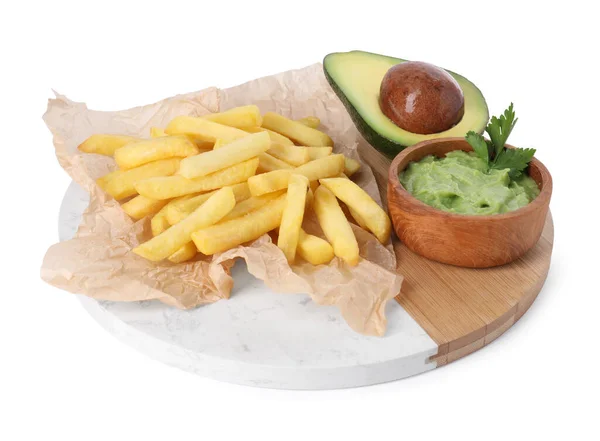Dienblad Met Heerlijke Frietjes Avocado Dip Geïsoleerd Wit — Stockfoto
