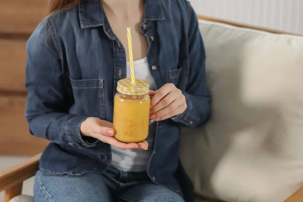 Woman Delicious Smoothie Indoors Closeup View — Stock Photo, Image