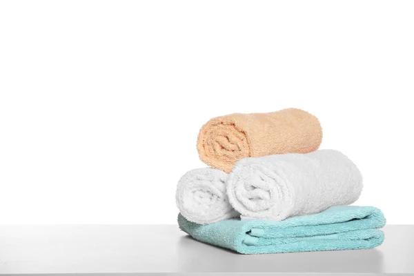 Soft Colorful Terry Towels Light Table White Background Space Text — Stockfoto