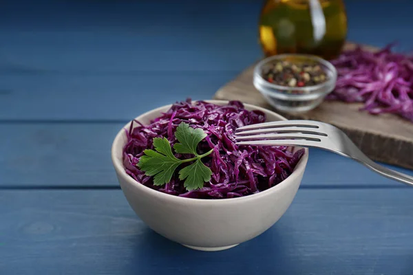Tasty Red Cabbage Sauerkraut Parsley Light Blue Wooden Table — Photo