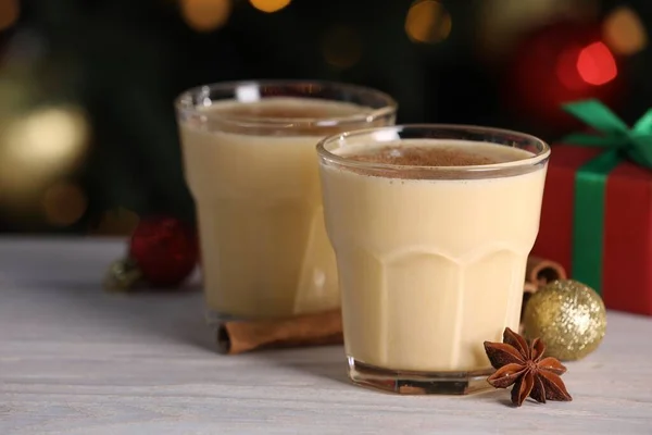Tasty Eggnog Cinnamon Anise Christmas Decorations White Wooden Table Blurred — Stockfoto