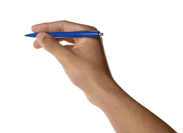 Man Holding Pen White Background Closeup Hand — Stock Photo, Image