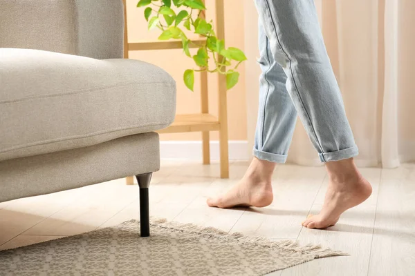 Woman Stepping Barefoot Room Home Closeup Floor Heating — Stock Photo, Image