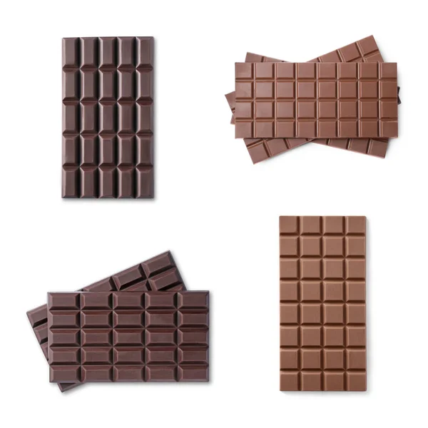 Collage Met Smakelijke Verschillende Chocoladerepen Witte Achtergrond Bovenaanzicht — Stockfoto