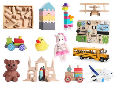 Beyaz arka planda birçok farklı oyuncakla kolaj