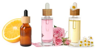 Beyaz arka planda farklı temel yağlar ve malzemeler, kolaj