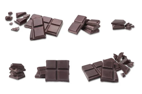 Collage Met Stukjes Lekkere Chocoladerepen Witte Achtergrond — Stockfoto