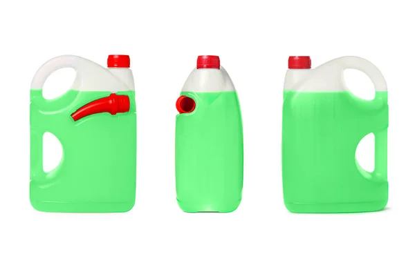 Plastic Canister Green Liquid White Background Different Sides — Stock Photo, Image