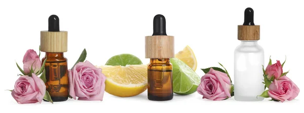 Aceites Esenciales Rosa Cítricos Ingredientes Sobre Fondo Blanco Collage —  Fotos de Stock