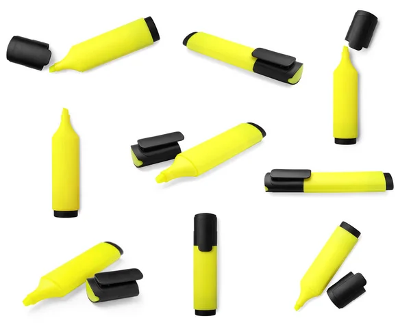 Colagem Com Marcador Amarelo Brilhante Sobre Fundo Branco — Fotografia de Stock