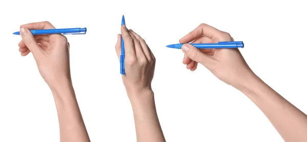 白い背景にペンを持っている女性 閉じます コラージュのデザイン 異なる角度 — ストック写真