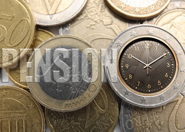 Pension plan. One coin with clock on it\'s side among others, top view