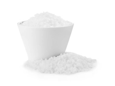 Ceramic bowl with natural sea salt isolated on white