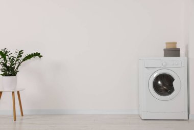 Modern çamaşır makinesi ve saksı bitkisi beyaz duvarın içinde.