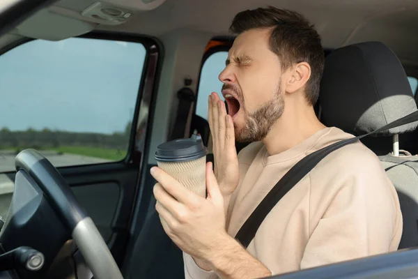 Sleepy Man Cup Coffee Yawning Modern Car —  Fotos de Stock