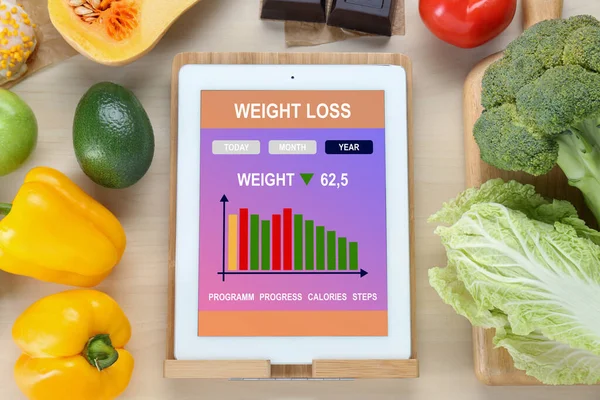 Tablet Weight Loss Calculator Application Food Products Wooden Table Flat — Stok fotoğraf
