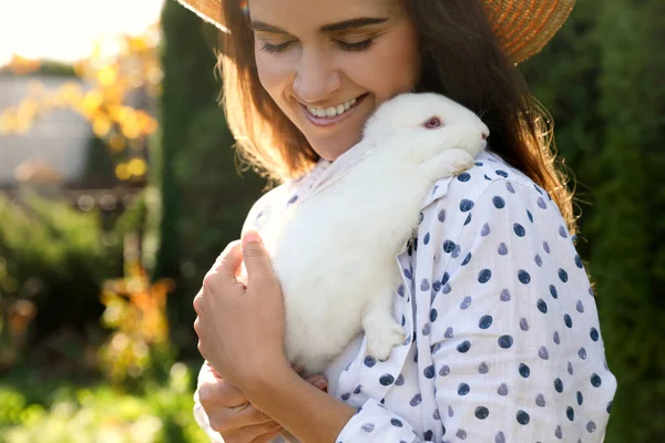 Happy Woman Cute Rabbit Outdoors Sunny Day Closeup — Foto de Stock