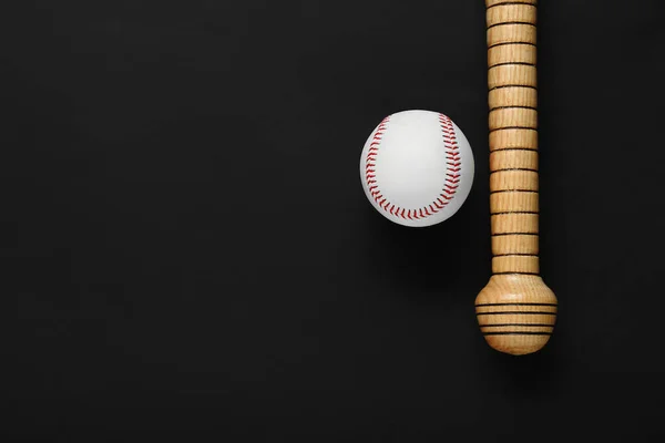 Wooden Baseball Bat Ball Black Background Flat Lay Space Text — Stock Fotó