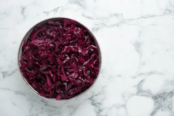 Tasty Red Cabbage Sauerkraut White Marble Table Top View Space — Photo