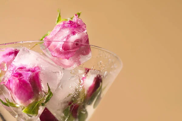 Cubos Gelo Com Flores Congeladas Vidro Martini Fundo Bege Close — Fotografia de Stock