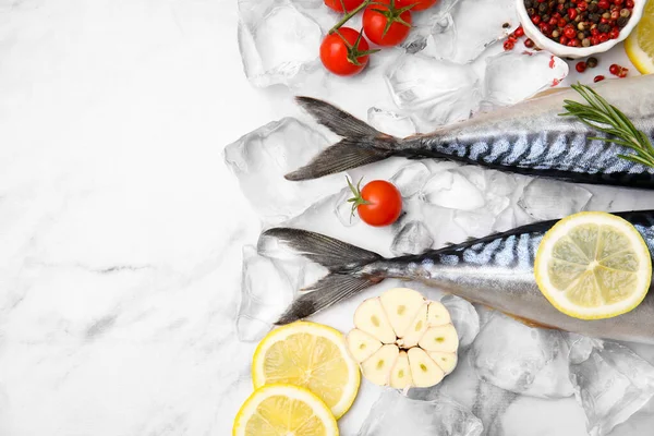 Flat Lay Composition Tasty Raw Mackerel White Marble Table Space — Stock Photo, Image