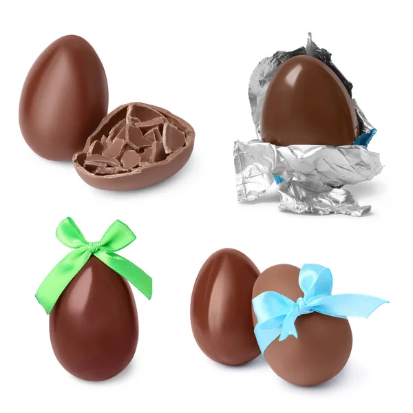 Вкусные Шоколадные Яйца Белом Фоне Коллаж — стоковое фото