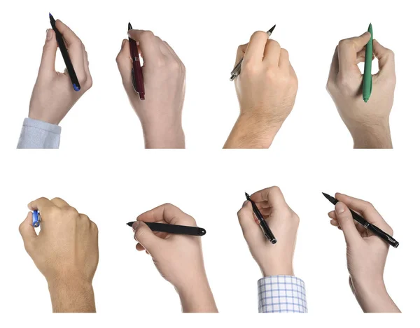 Mężczyźni Kobiety Trzymający Długopisy Białym Tle Zbliżenie Projekt Kolażu — Zdjęcie stockowe