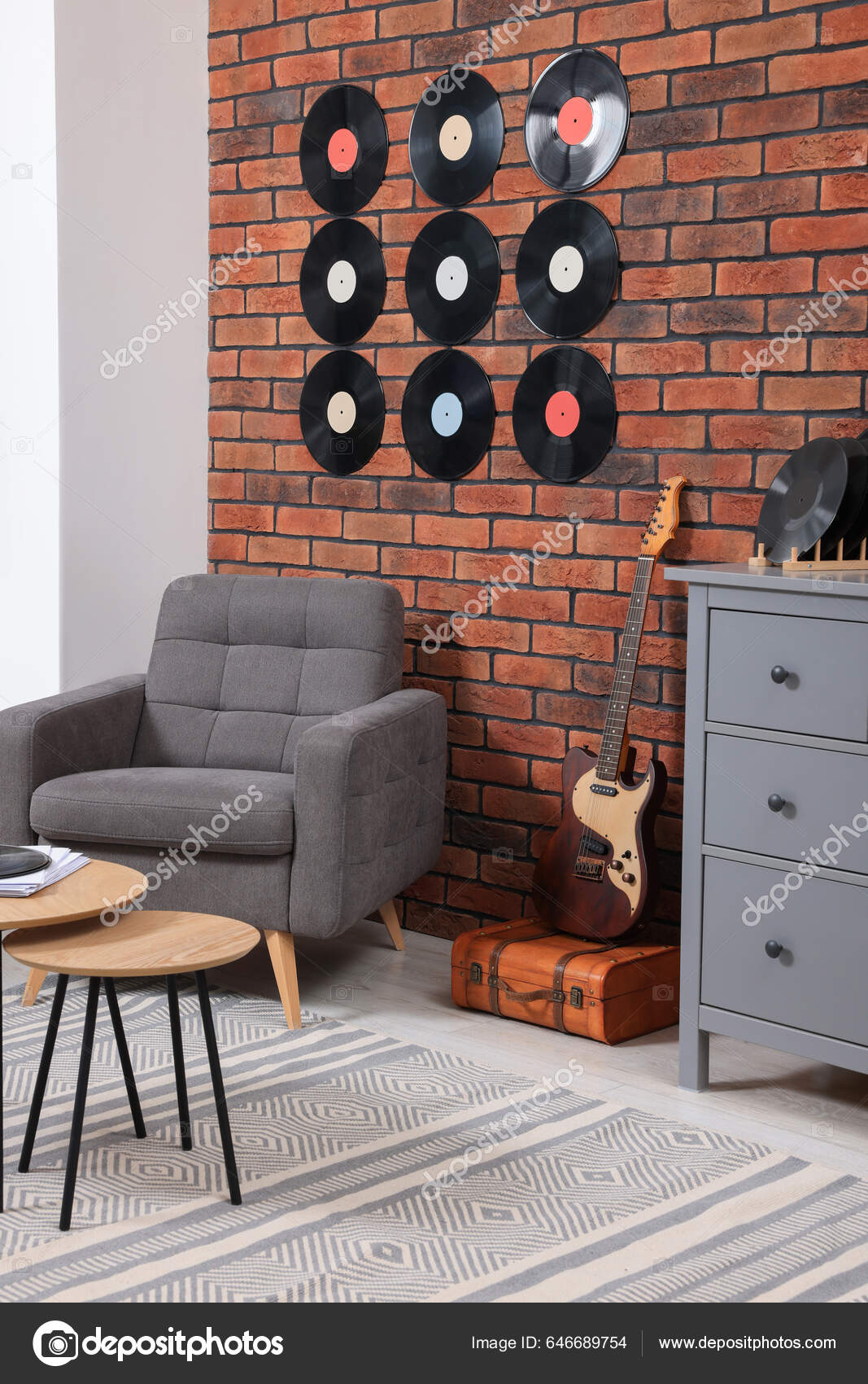 Living Room Interior Decorated Vinyl Records Stock Photo by