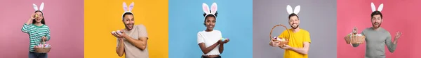 Фотографии Людей Пасхальными Яйцами Повязками Ушах Кролика Разных Цветовых Фонах — стоковое фото
