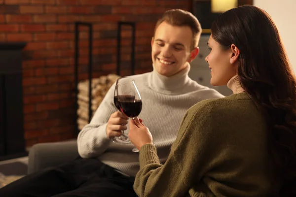 Happy Lovely Couple Glasses Wine Resting Together Home — Stock Photo, Image